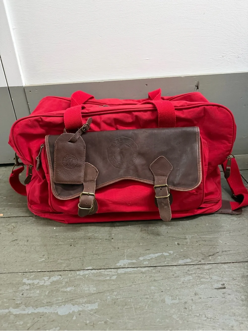 VTG Manhattan Portage Country Store Red Canvas Leather Duffel Travel Bag 22”